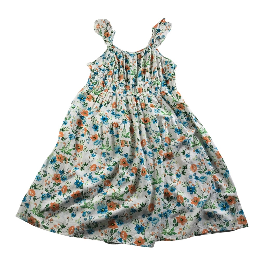 Peyton & Parker Floral Midi Dress 1X White Blue Orange Cotton Ruffle Smocked
